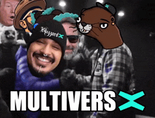 a group of people are posing for a picture with the words multivers x on the bottom right