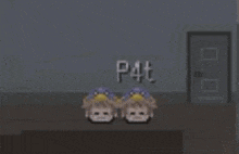 two penguins are standing next to each other in a room with the number p4t written on the wall behind them .