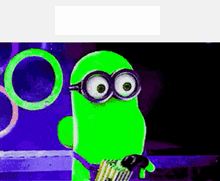 a green minion with glasses and a guitar is holding a popcorn bag .