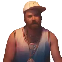 a man with a beard wearing a hat that says dfn