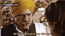 a man wearing a turban is talking to a woman and asking her if she will marry him .