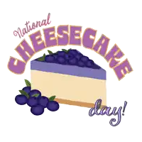 a poster for national cheesecake day with a slice of cheesecake with blueberries on top