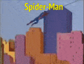 a cartoon of spider-man is flying through the air over a city