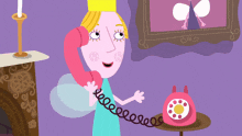 a cartoon fairy is talking on a pink phone
