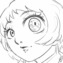 a black and white drawing of a girl 's face with big eyes
