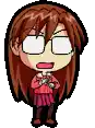 a pixel art drawing of a girl wearing glasses and a red sweater .