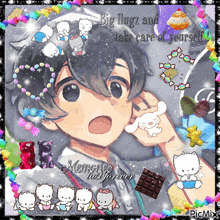 a picture of a boy with the words big hugz and take care of yourself written on it