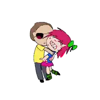 a cartoon drawing of a man holding a girl with pink hair and green socks