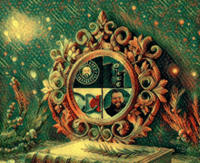 a painting of a man with a beard in a mirror with a shield with the letters ccc on it