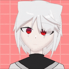 a drawing of a girl with white hair and red eyes against a pink background