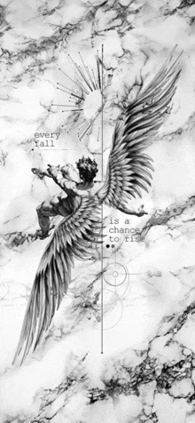 a black and white drawing of an angel with wings flying in the sky on a marble background .