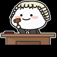 a cartoon of a judge sitting at a podium holding a wooden gavel .