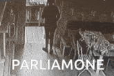 a blurred image of a man walking in a room with the words parliamone written on the bottom