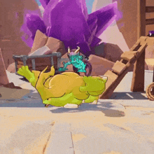 a cartoon of a dragon laying on the ground with a purple crystal in the background