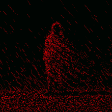 a silhouette of a person standing in the rain is surrounded by red dots