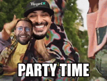 a group of men are having a party and the words party time are on the screen