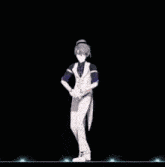 a man in a suit is dancing on a stage in front of a row of neon lights .