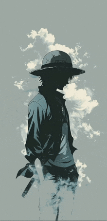a silhouette of a man wearing a hat that says luffy