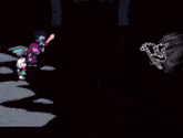 a pixel art of a skeleton flying through a pink circle
