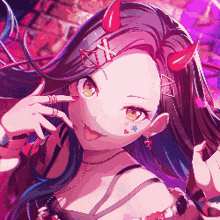 a girl with red horns on her head is making a peace sign .