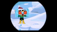 a cartoon character wearing a santa hat and scarf is standing in the snow