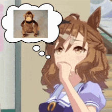a girl thinking about a stuffed monkey with a thought bubble above her head
