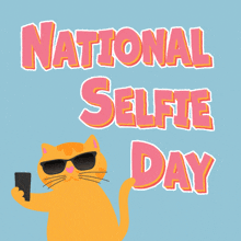 a cat wearing sunglasses is taking a selfie on national selfie day