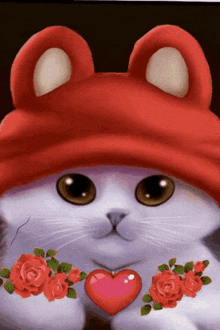 a cat wearing a red hat is holding a heart and roses around its neck .