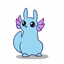 a drawing of a blue axolotl with purple ears