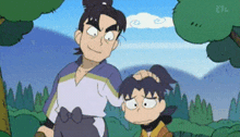 two cartoon characters are standing next to each other in a forest and one has his hand on the other 's head