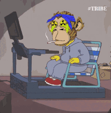 a cartoon of a monkey smoking a cigarette on a treadmill with the hashtag #tribe