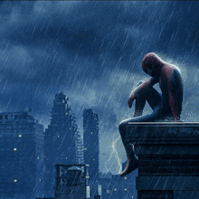 a man in a spiderman suit is sitting on a building in the rain