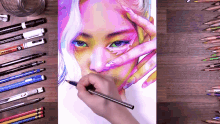 a drawing of a woman 's face is surrounded by colored pencils and markers