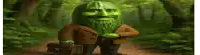 a green watermelon with a beard and a briefcase is walking through the woods .