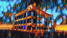 a colorful painting of a building with a sign that says taxi