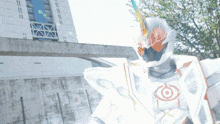 a person in a white costume with a red eye and shield