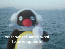 a stuffed animal with the words " you have the arms i want to be wrapped in " on the bottom