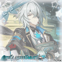 a picture of a man with white hair and the words rei 's sweetheart on the bottom