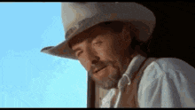 a man with a beard is wearing a cowboy hat and looking at the camera .