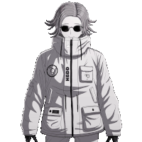 a black and white drawing of a person wearing a jacket with the word hbdd on it