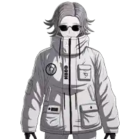a black and white drawing of a person wearing a jacket with the word hbdd on it