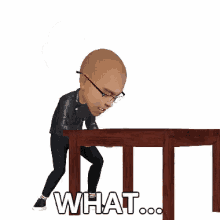 a man with glasses is standing in front of a wooden table with the word what written on it