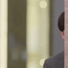 a man in a suit is standing behind a wooden door .
