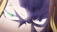a close up of a person 's face with blue eyes and a purple background