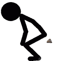 a stick figure is squatting down next to a pile of poop on a white background .