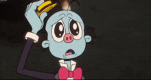 a cartoon character with a sad look on his face is pointing at something