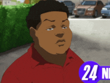 a man in a red shirt stands in front of a parking lot with a purple circle with the number 24 on it