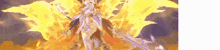 a cartoon character is surrounded by flames and holding a sword .