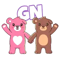 a pink teddy bear and a brown teddy bear holding hands with the word gn behind them