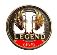 a logo for legend devisi has two trumpets in the center